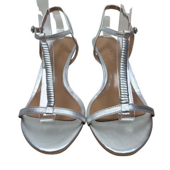 Talbots Silver Open Toe Slingback T-Strap Size 9B Strappy Heel Sandal Party Brun - Picture 2 of 7